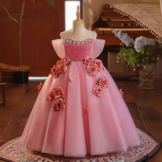 Pink Handmade Flowers Girl Birthday Party Dress J040