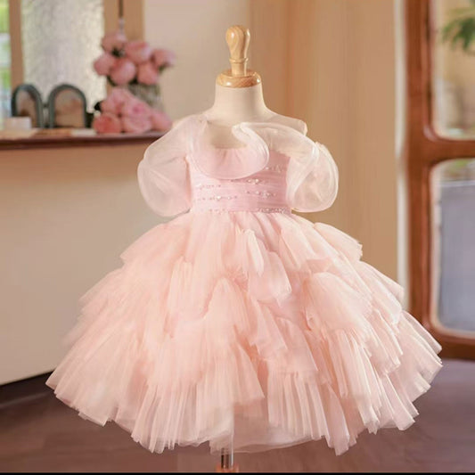 Pink Knee Length Beaded Girl Dress for Baby Birthday Party J222