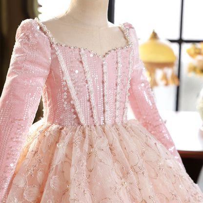Pink Long Sleeve Beaded Princess Birthday Girl Dress J291