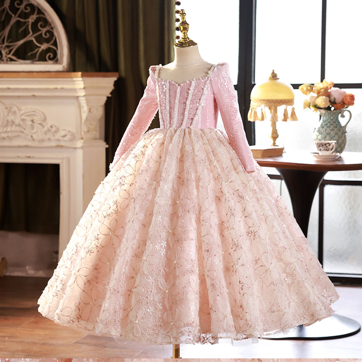 Pink Long Sleeve Beaded Princess Birthday Girl Dress J291