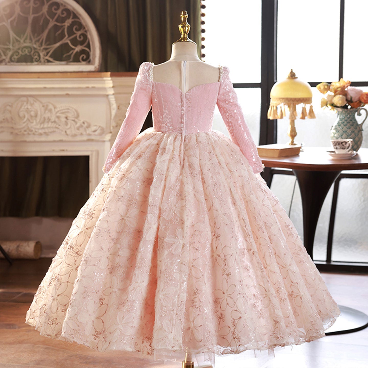 Pink Long Sleeve Beaded Princess Birthday Girl Dress J291