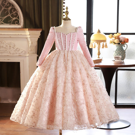 Pink Long Sleeve Beaded Princess Birthday Girl Dress J291
