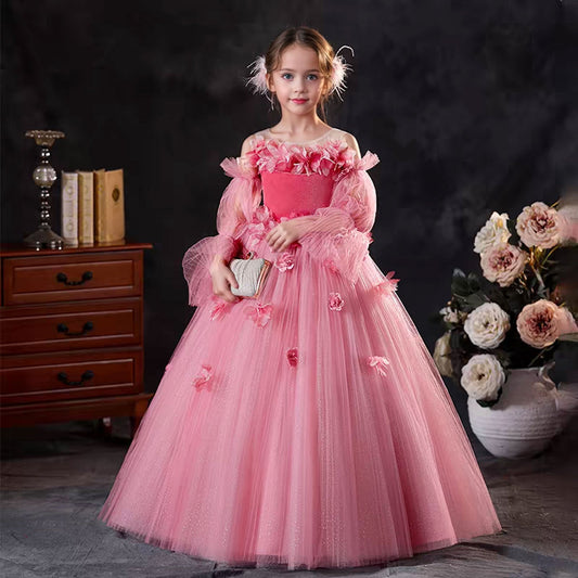 Pink Long Sleeve Girl Birthday Pageant Party Dress J350