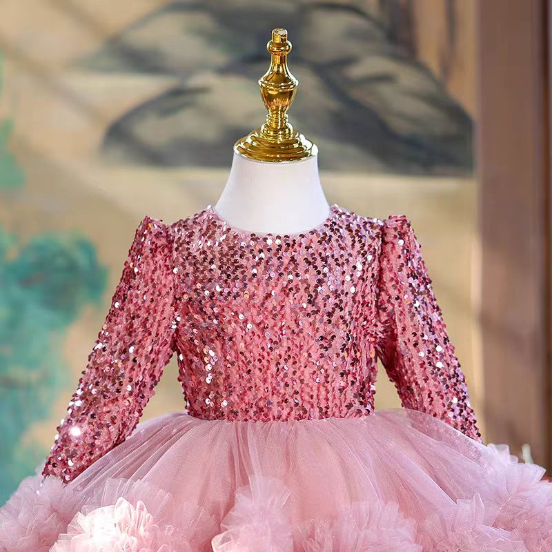 Long Sleeve Sequins Knee Length 1st Birthday Girl Dress J359