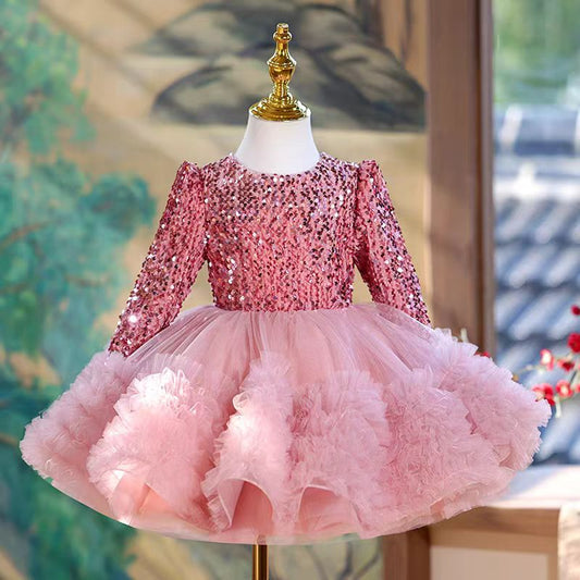 Long Sleeve Sequins Knee Length 1st Birthday Girl Dress J359