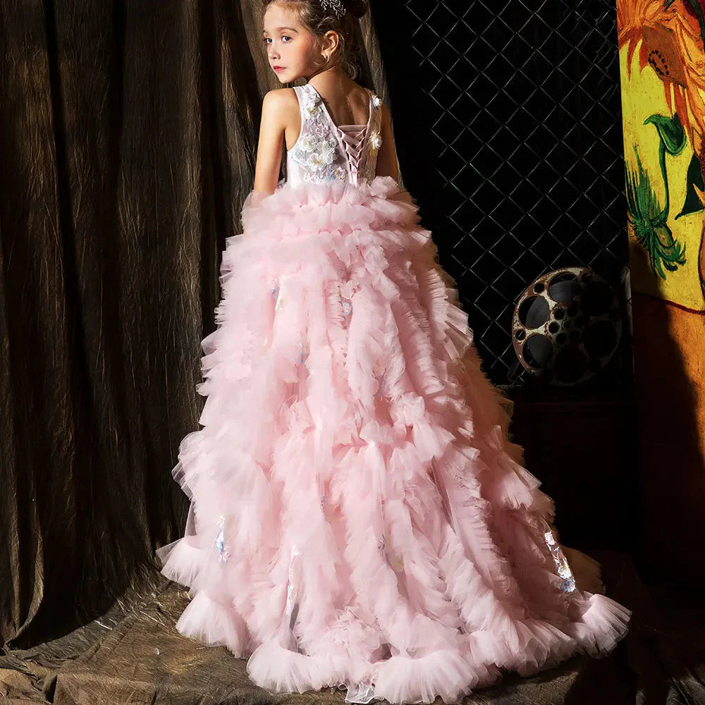 Pink Luxury Kids Girl Dress Appliques Tiered Princess Gown J010