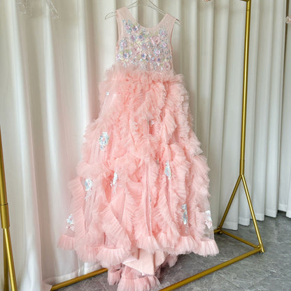Pink Luxury Kids Girl Dress Appliques Tiered Princess Gown J010