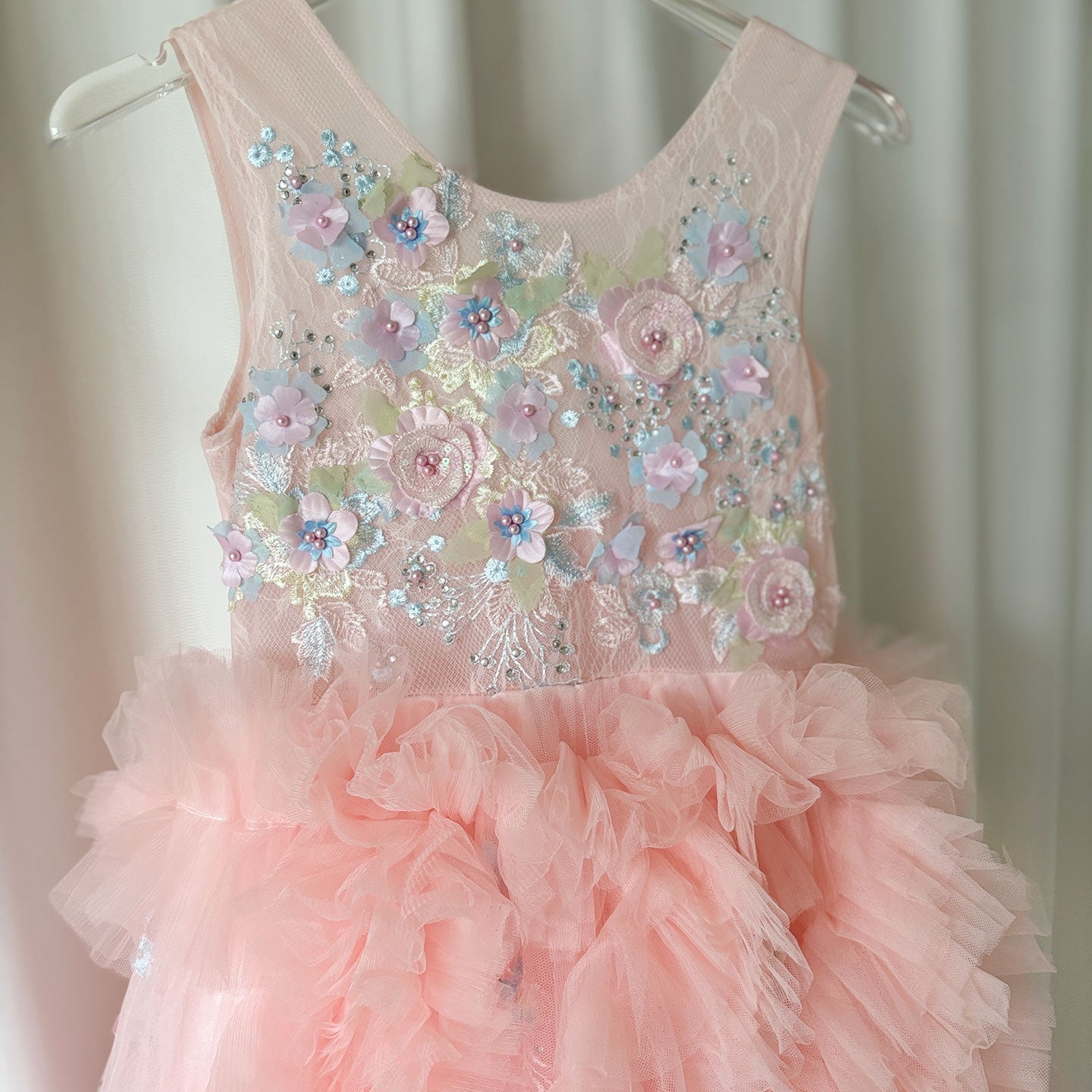Pink Luxury Kids Girl Dress Appliques Tiered Princess Gown J010