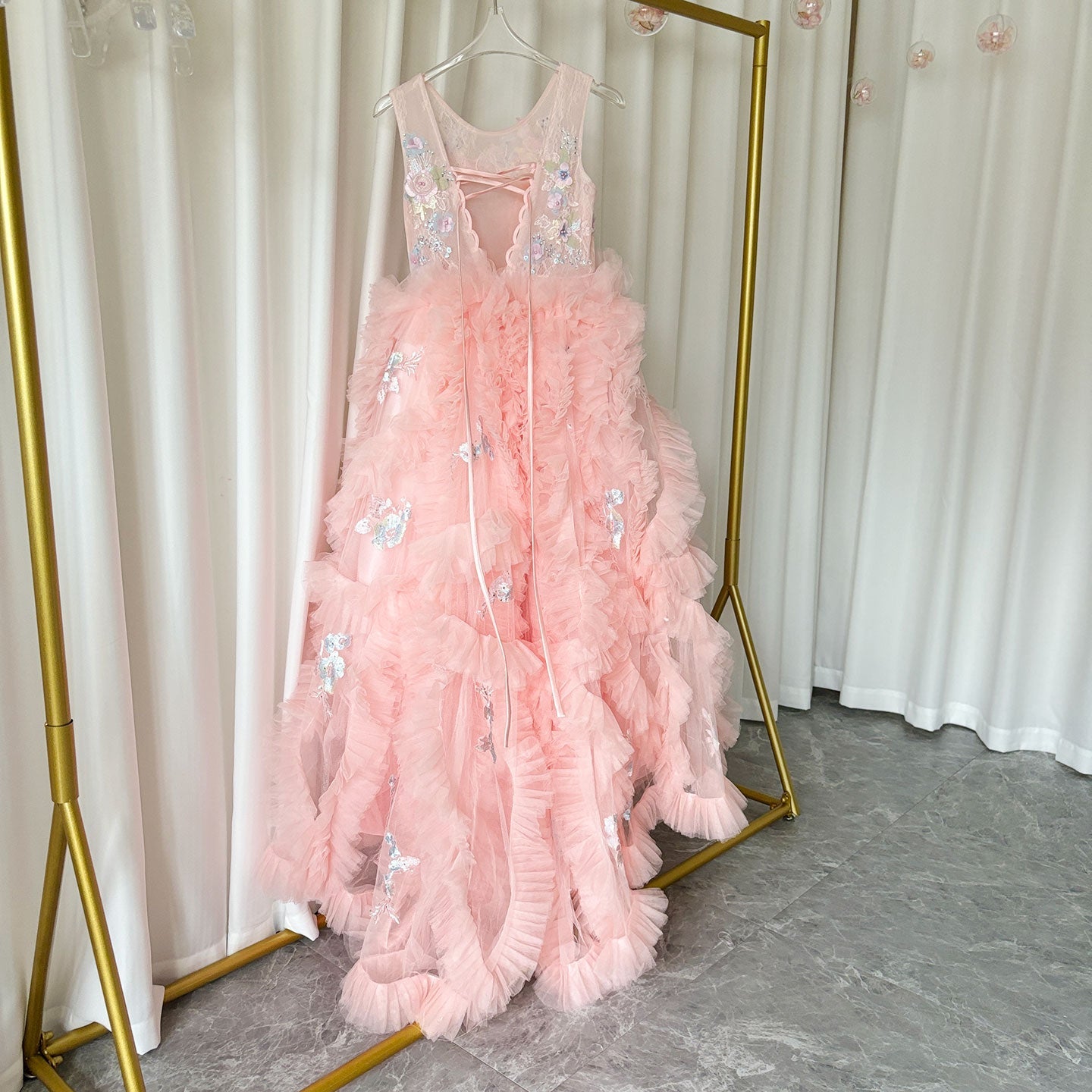 Pink Luxury Kids Girl Dress Appliques Tiered Princess Gown J010