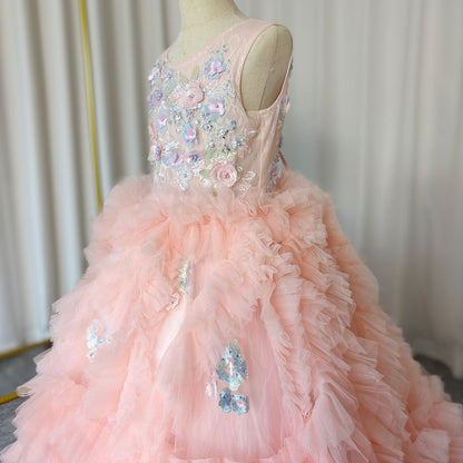 Pink Luxury Kids Girl Dress Appliques Tiered Princess Gown J010