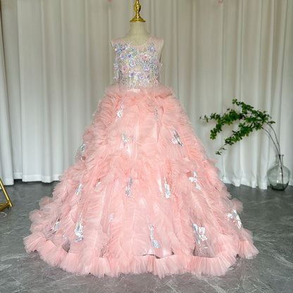 Pink Luxury Kids Girl Dress Appliques Tiered Princess Gown J010