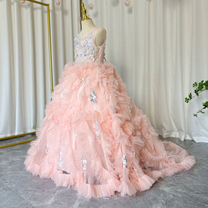 Pink Luxury Kids Girl Dress Appliques Tiered Princess Gown J010