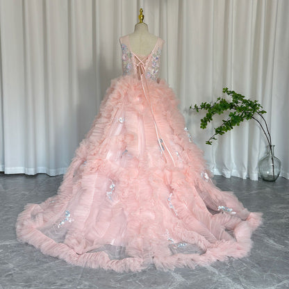 Pink Luxury Kids Girl Dress Appliques Tiered Princess Gown J010