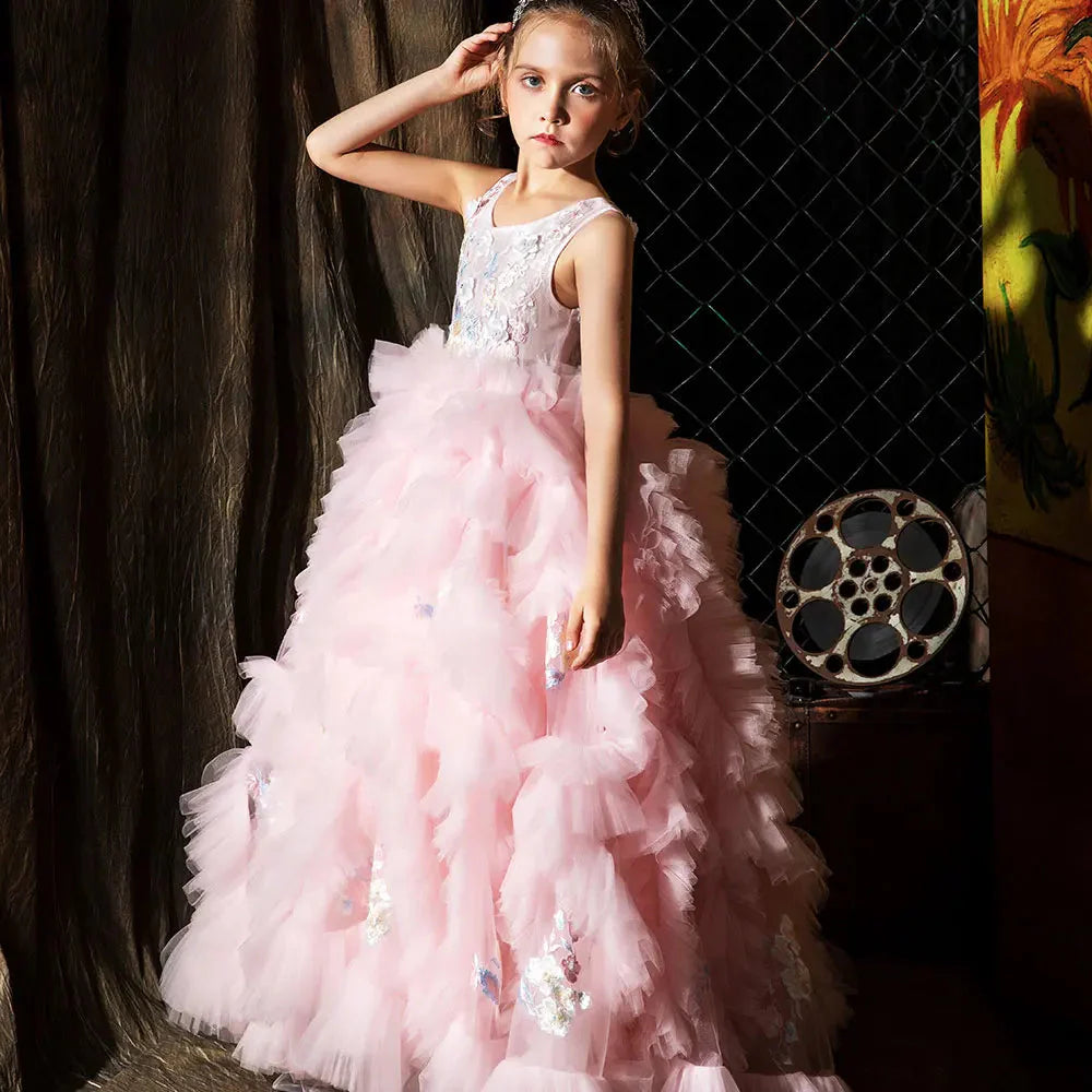 Pink Luxury Kids Girl Dress Appliques Tiered Princess Gown J010