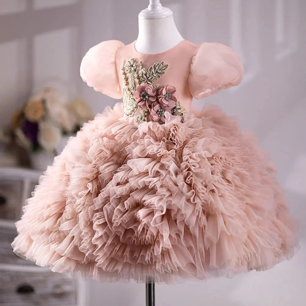 Pink Luxury Flower Girl Dress Hand Flower Pearls Beads Ball Gown J401