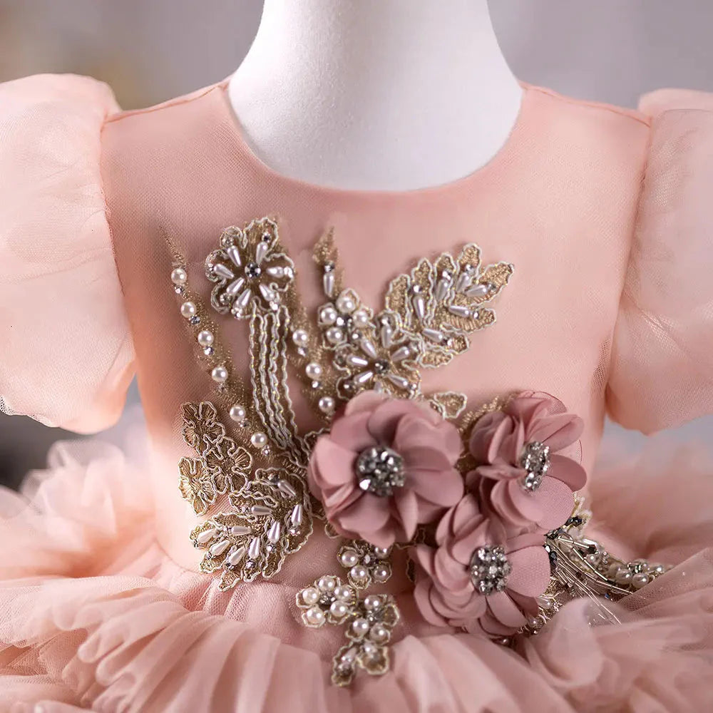 Pink Luxury Flower Girl Dress Hand Flower Pearls Beads Ball Gown J401