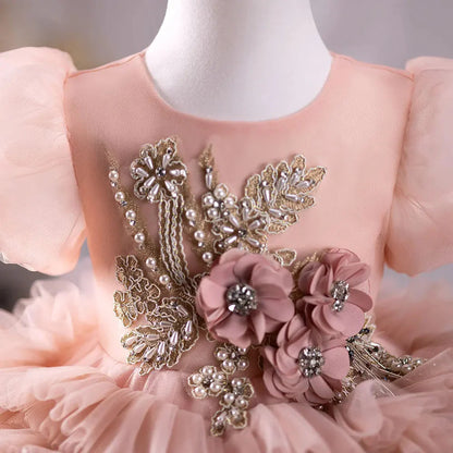 Pink Luxury Flower Girl Dress Hand Flower Pearls Beads Ball Gown J401