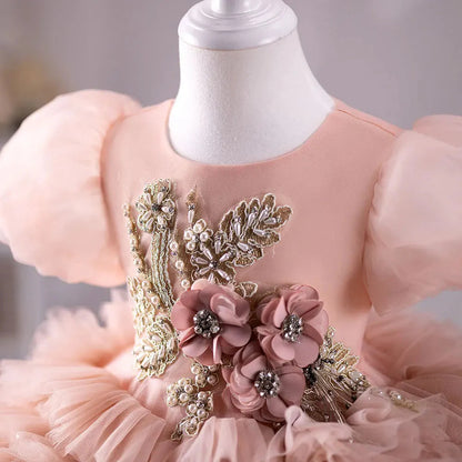 Pink Luxury Flower Girl Dress Hand Flower Pearls Beads Ball Gown J401