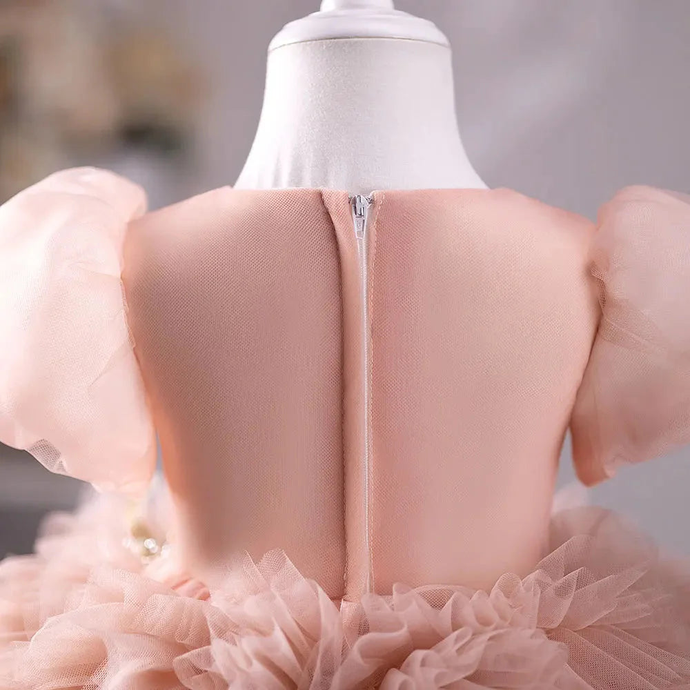 Pink Luxury Flower Girl Dress Hand Flower Pearls Beads Ball Gown J401