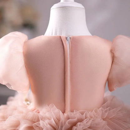 Pink Luxury Flower Girl Dress Hand Flower Pearls Beads Ball Gown J401