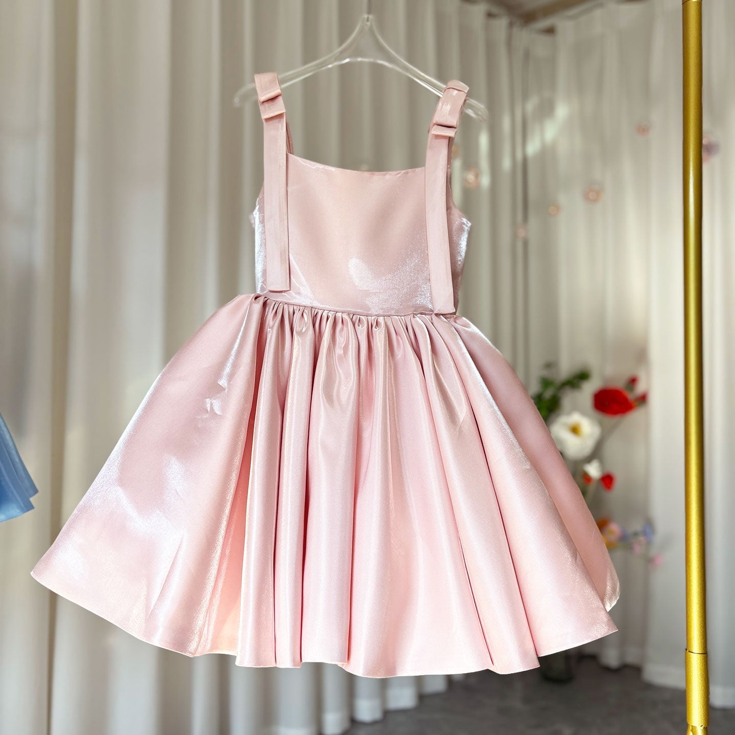 Pink Puffy Square Collar Satin Birthday Party Girl Dress J226