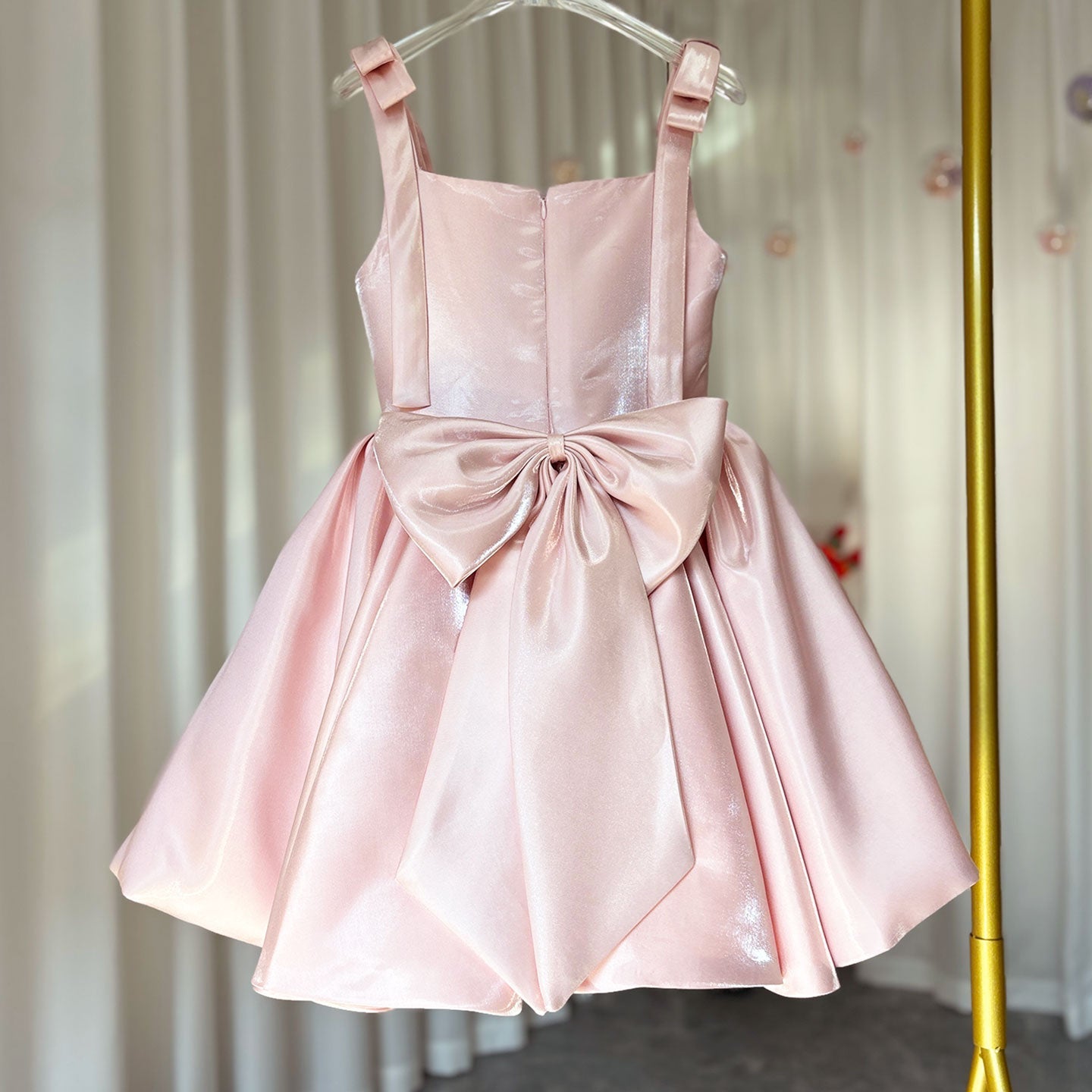 Pink Puffy Square Collar Satin Birthday Party Girl Dress J226