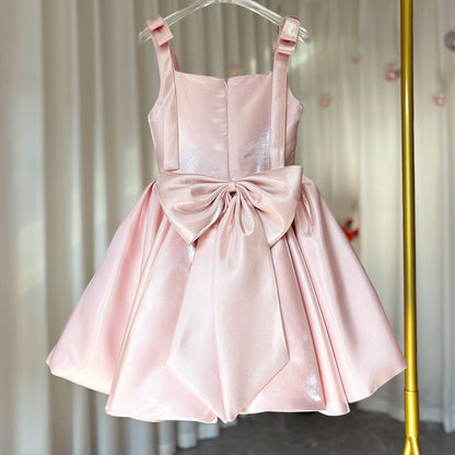 Pink Puffy Square Collar Satin Birthday Party Girl Dress J226