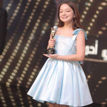 Pink Puffy Square Collar Satin Birthday Party Girl Dress J226