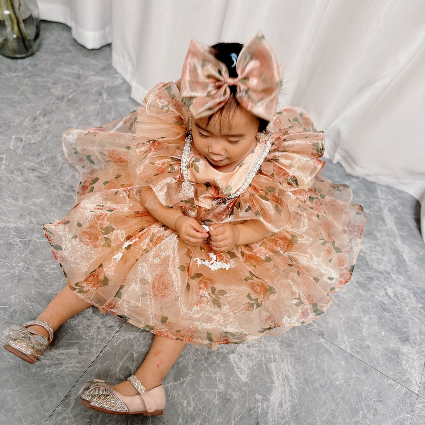 Puffy Sleeve Champagne Baby Knee Length Girl Dress J225