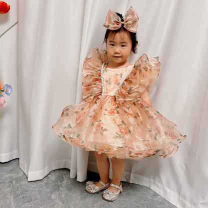 Puffy Sleeve Champagne Baby Knee Length Girl Dress J225