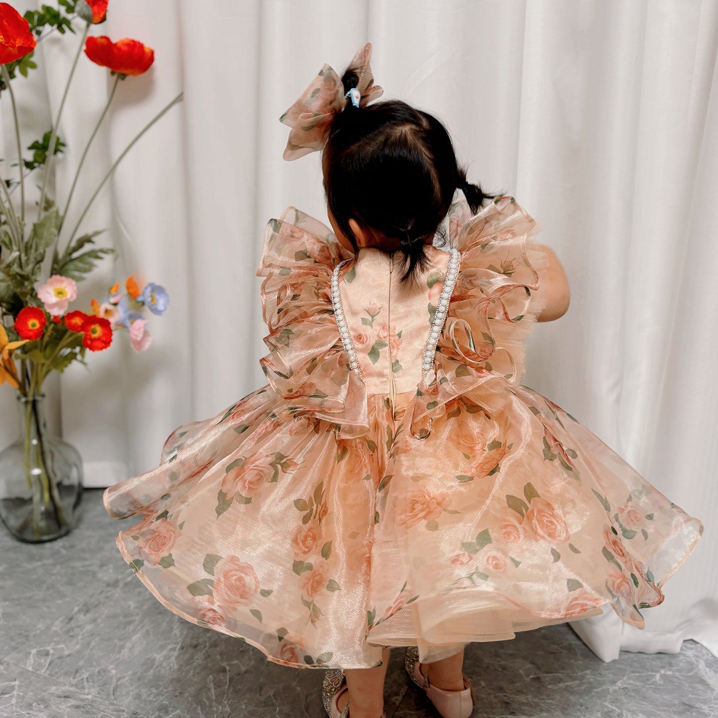 Puffy Sleeve Champagne Baby Knee Length Girl Dress J225