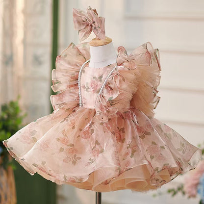 Puffy Sleeve Champagne Baby Knee Length Girl Dress J225