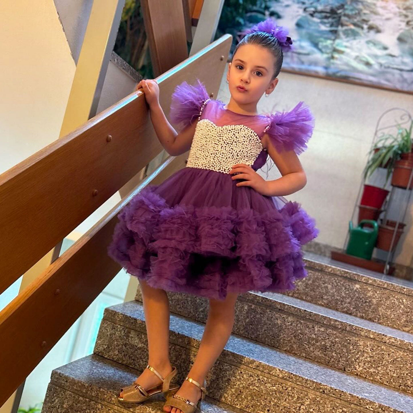 Purple Pearls Flower Girl Dress for Wedding Birthday J318