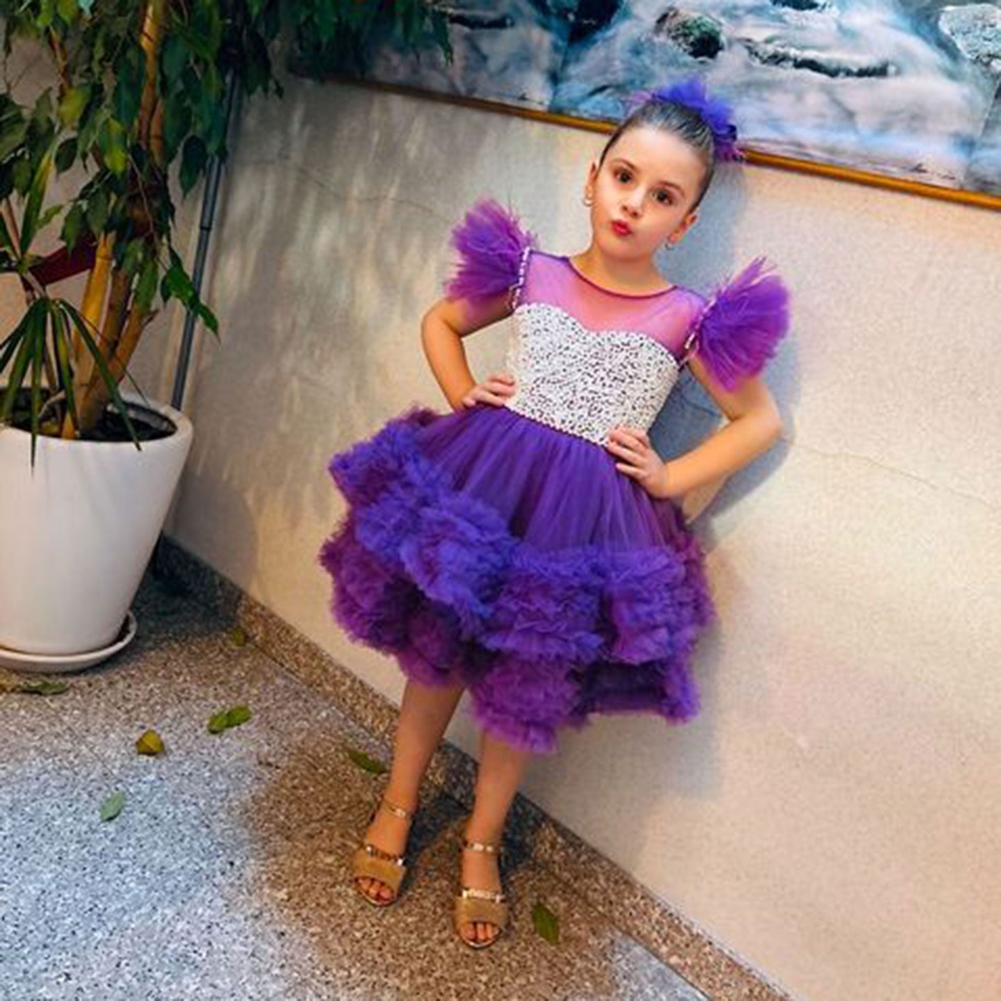 Purple Pearls Flower Girl Dress for Wedding Birthday J318