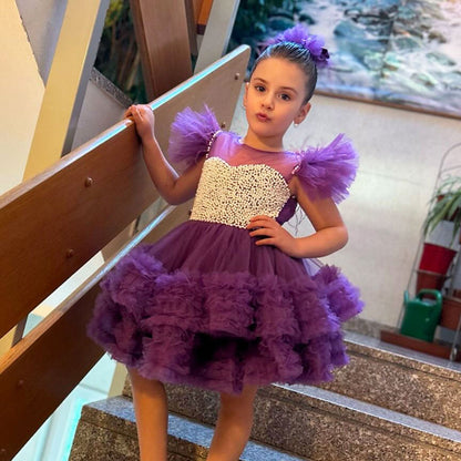 Purple Pearls Flower Girl Dress for Wedding Birthday J318