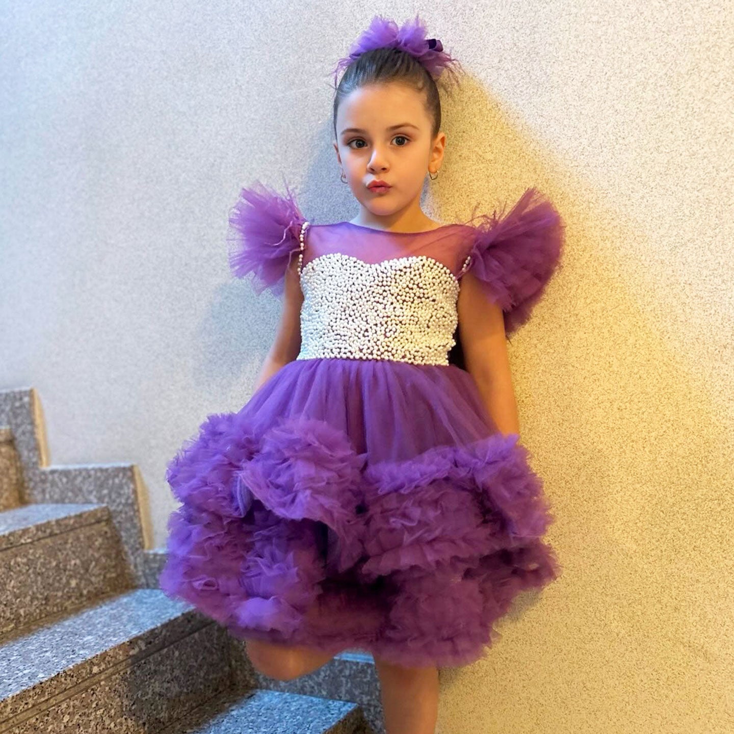 Purple Pearls Flower Girl Dress for Wedding Birthday J318