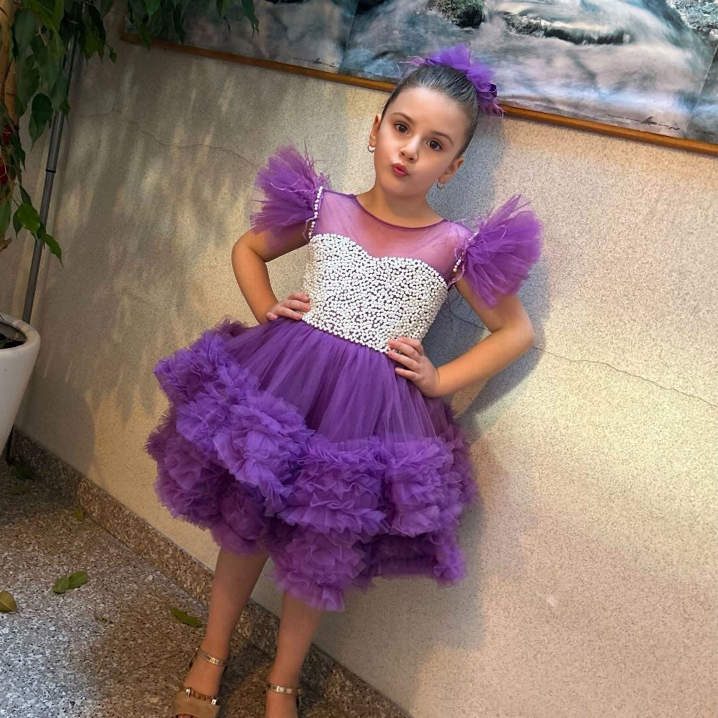 Purple Pearls Flower Girl Dress for Wedding Birthday J318