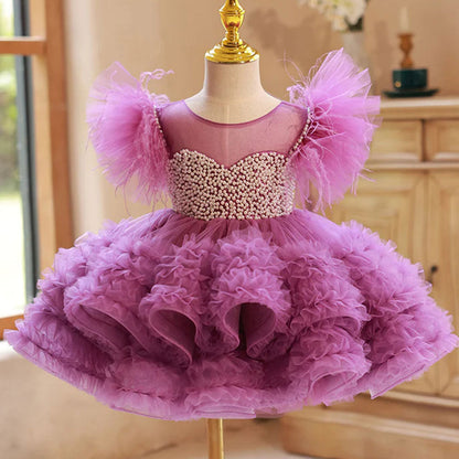Purple Pearls Flower Girl Dress for Wedding Birthday J318