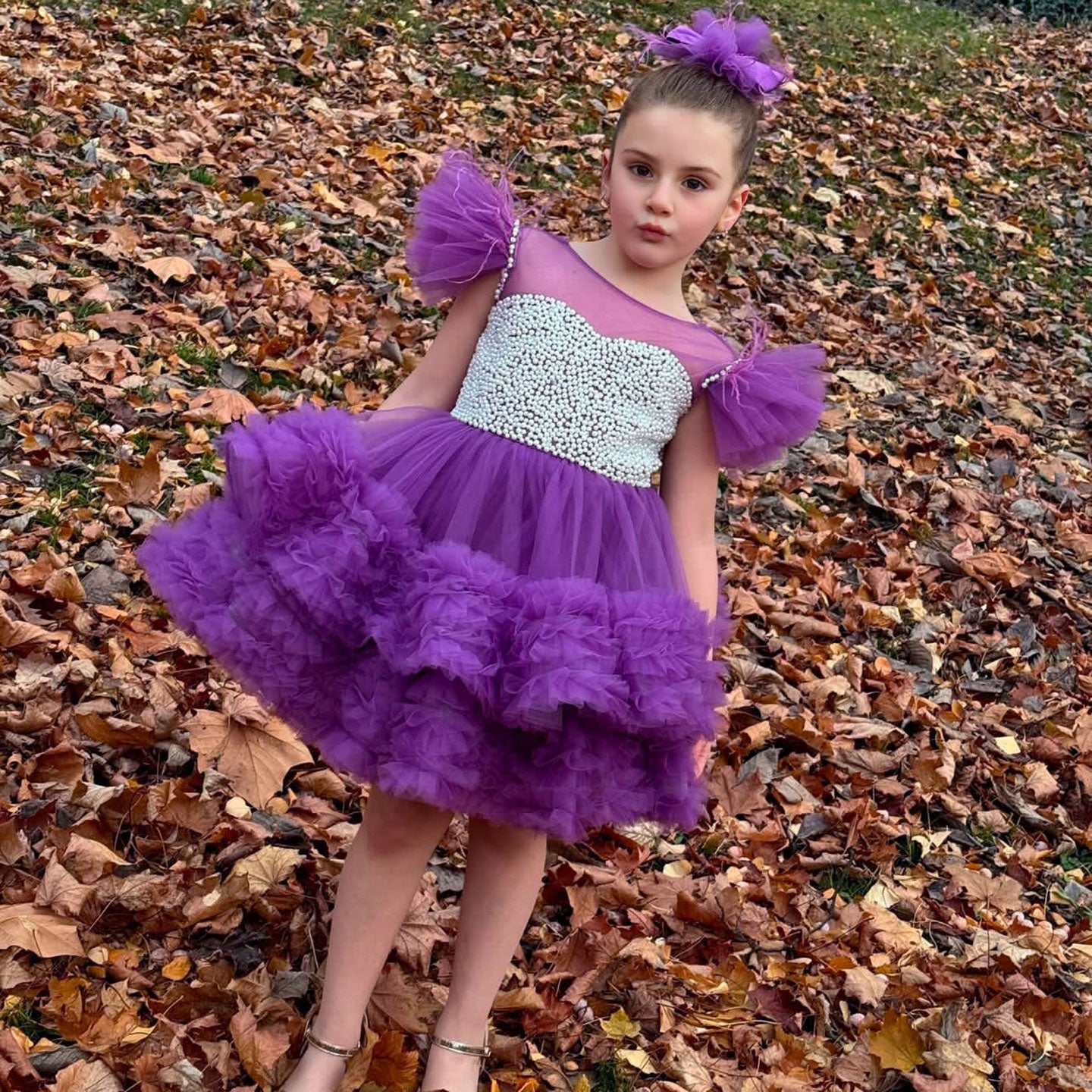 Purple Pearls Flower Girl Dress for Wedding Birthday J318