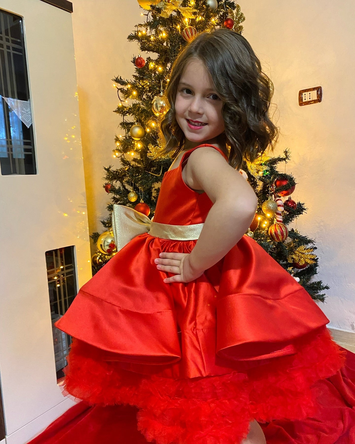 Red Christmas Satin Girl Dress Knee Length with Bow Square Collar J285