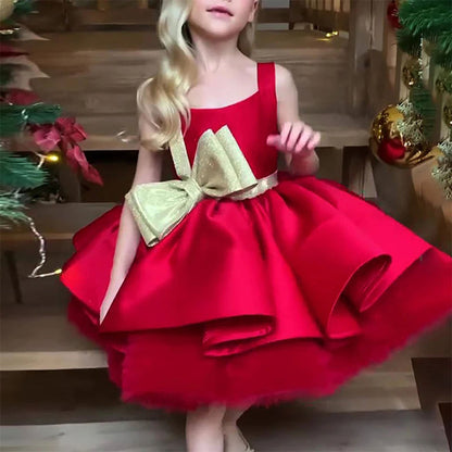Red Christmas Satin Girl Dress Knee Length with Bow Square Collar J285