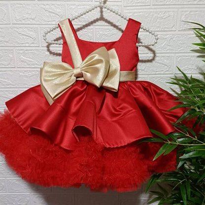 Red Christmas Satin Girl Dress Knee Length with Bow Square Collar J285
