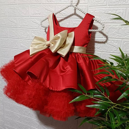 Red Christmas Satin Girl Dress Knee Length with Bow Square Collar J285