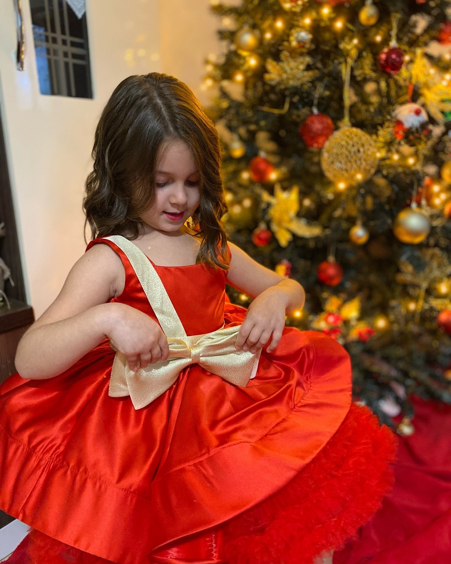 Red Christmas Satin Girl Dress Knee Length with Bow Square Collar J285