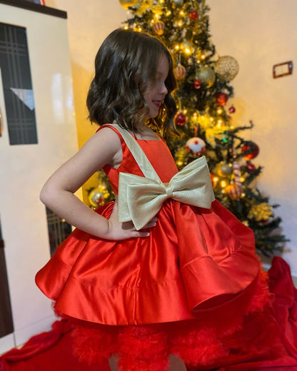 Red Christmas Satin Girl Dress Knee Length with Bow Square Collar J285