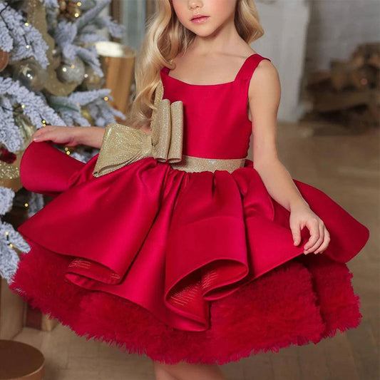 Red Christmas Satin Girl Dress Knee Length with Bow Square Collar J285