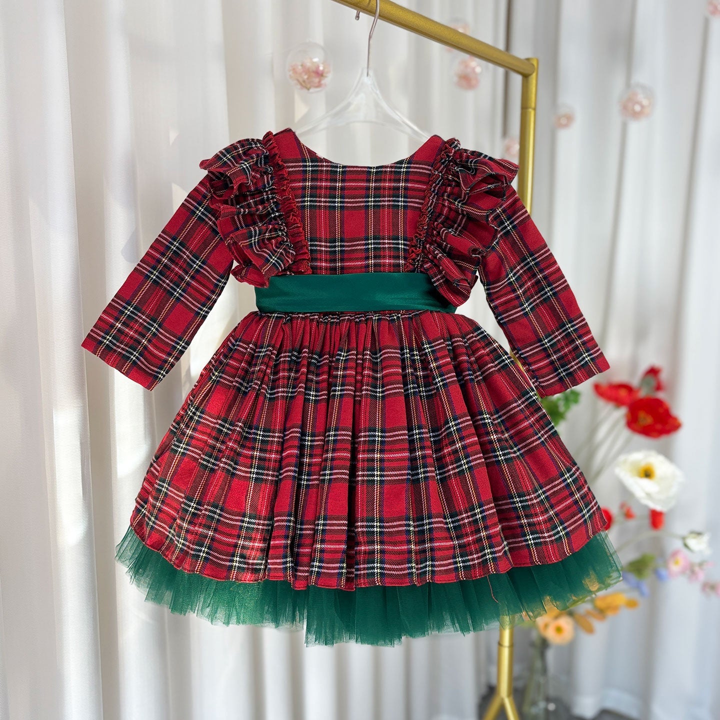 Red Long Sleeve Christmas Girl Dress Birthday Ball Gown J278