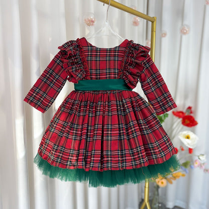 Red Long Sleeve Christmas Girl Dress Birthday Ball Gown J278