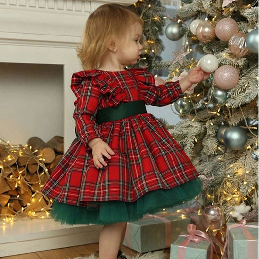 Red Long Sleeve Christmas Girl Dress Birthday Ball Gown J278