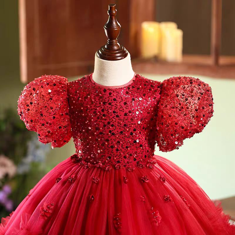Red Sequins Toddler 1st Birthday Knee Length Party Girl Dress J358